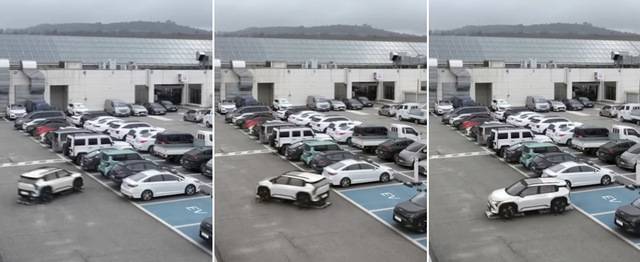 피겨스케이팅 선수처럼 270도 돌아(왼쪽과 가운데) 빈 주차 공간 앞에 정지했다(오른쪽). 현대차그룹 유튜브 캡처