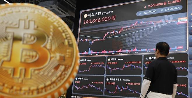 지난 6월 23일 오전 서울 서초구 빗썸라운지 전광판에 비트코인 거래가격이 표기되어 있다. [김호영 기자]