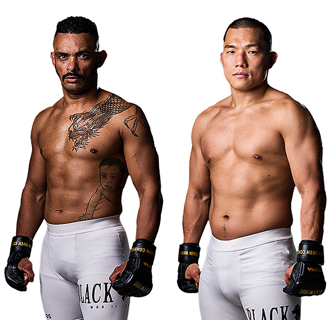 카자흐스탄 Naiza FC 플라이급 타이틀 도전자 ‘머큐리’ 플라비우 산투스, 제우스FC 및 젠틀맨 플라워 라이트급 챔피언 ‘캡틴 코리아’ 정한국. 플라비우 산투스는 블랙컴뱃 라이트급 9위, 정한국은 블랙컴뱃 라이트급 4위다. 사진=이데아 파라곤