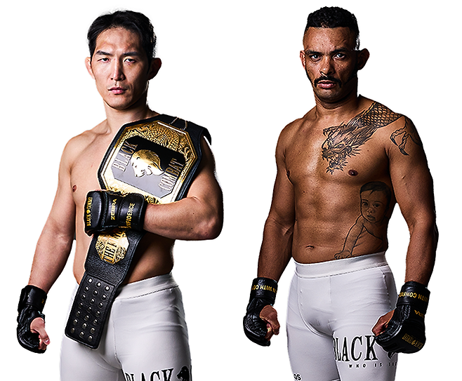 제4대 블랙컴뱃 라이트급 챔피언 ‘직쏘’ 문기범, 카자흐스탄 Naiza FC 플라이급 타이틀 도전자 ‘머큐리’ 플라비우 산투스. 사진=이데아 파라곤
