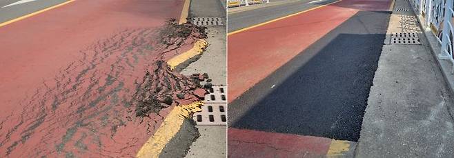 [울산=뉴시스] 박수지 기자 = 7일 오전 울산 북구 농소초등학교 인근 도로가 폭염 등 이유로 훼손(왼)된 뒤 복구된 모습. (사진=독자제공) 2025.07.07. photo@newsis.com  *재판매 및 DB 금지