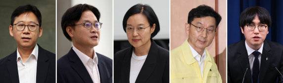 배경훈 과학기술정보통신부 장관 후보자, 김정관 산업통상자원부 장관 후보자, 한성숙 중소벤처기업부 장관 후보자, 윤창렬 국무조정실장, 하정우 인공지능미래기획수석비서관(왼쪽부터). 뉴시스