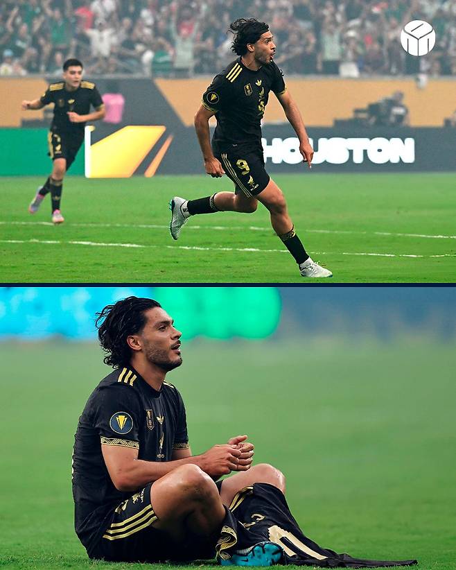 멕시코 축구대표팀 공격수 라울 히메네스가 7일(한국시간) 미국 휴스턴의 NRG 스타디움에서 열린 2025 북중미카리브축구연맹(CONCACAF) 골드컵 결승 미국전에서 골을 터뜨린 뒤 미리 준비한 디오구 조타의 유니폼까지 활용해 게임 세리머니를 하고 있다. /사진=케노세만체 SNS 캡처