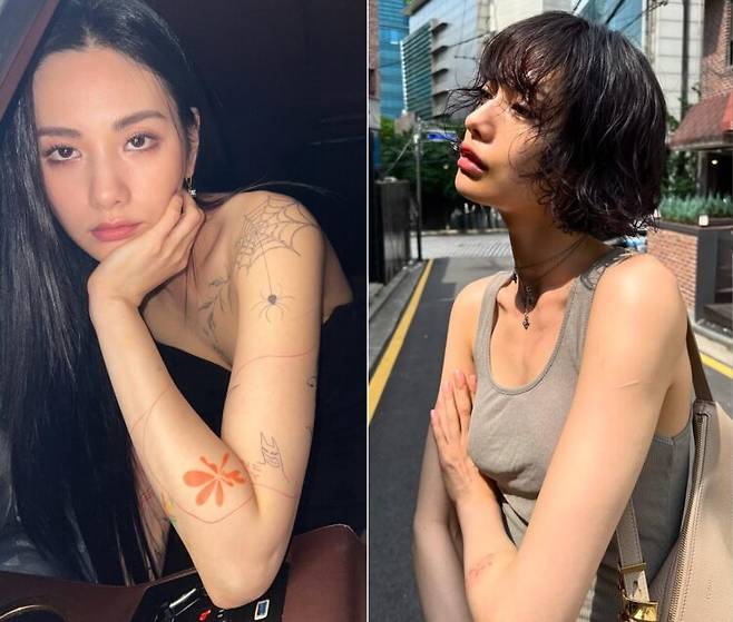 가수 겸 배우 나나가 과거 상체에 여러 개 새겨져 있었던 타투(왼쪽)를 싹 지웠다. [사진=SNS]