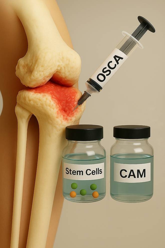 제대혈 유래 중간엽 줄기세포와 무세포성 연골기질 'CAM'을 혼합한 첨단바이오융복합제제 '오스카(OSCA)'를 형상화한 AI 이미지컷. (강스템바이오텍 제공)