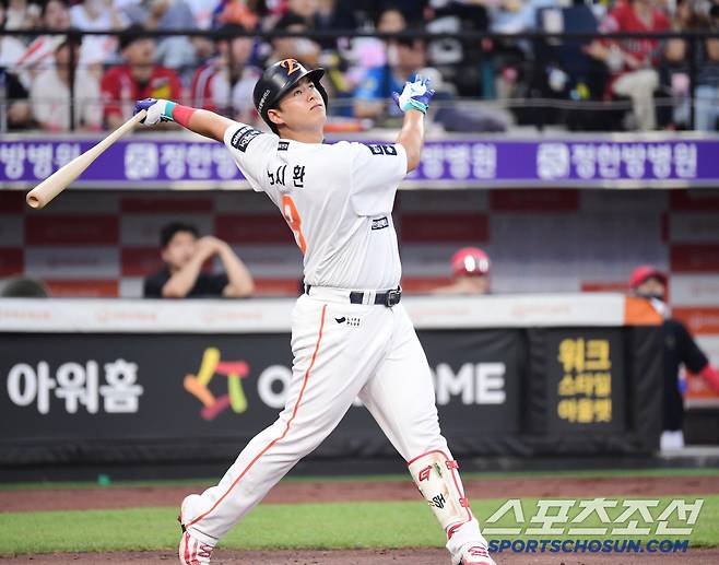 8일 대전 한화생명 볼파크에서 열린 한화와 KIA의 경기. 1회말 타격하는 노시환. 대전=송정헌 기자songs@sportschosun.com/2025.07.08/