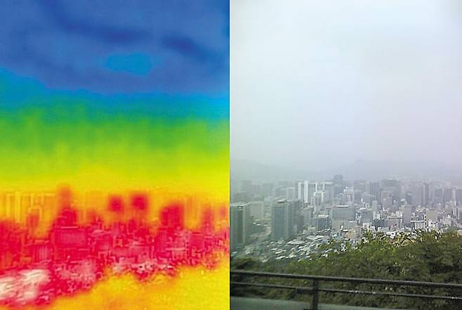 서울에 올 들어 첫 폭염경보가 발령된 7일, 남산에서 서울 도심을 바라본 모습. 왼쪽 사진은 열화상 카메라로, 오른쪽 사진은 일반 카메라로 촬영한 것이다. 열화상 카메라로 바라본 도심은 지면에 가까울수록 높은 온도에 빨갛게 돼 있다./뉴스1
