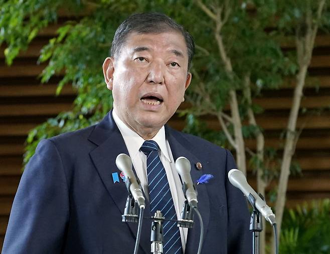이시바 시게루 일본 총리가 2025년 7월 8일 일본 도쿄의 이시바 총리 관저에서 미국 관세 대처 전략을 논의하기 위한 내각 장관들과 회동 후 기자들에게 발언하고 있다. /연합뉴스