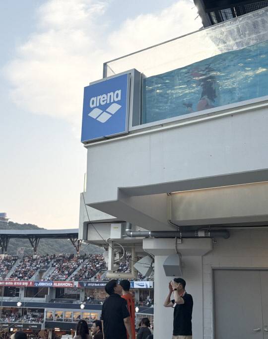 8일 대전 한화생명볼파크를 찾은 한 관중이 인피니티풀을 살피고 있다. 최다인 기자