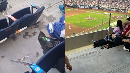 최근 시범운영 기간 인피니티 풀 아래 3층 좌석에 물이 튄 모습(왼쪽). 8일 정식 개장날 같은 구역 바닥에 물기가 없는 모습. 커뮤니티 갈무리·최다인 기자