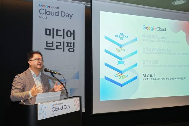 지기성 구글 클라우드 코리아 사장이 8일 서울 강남구 코엑스 컨벤션 센터에서 열린 ‘구글 클라우드 데이 서울’에서 발표하고 있다. 구글 클라우드 제공