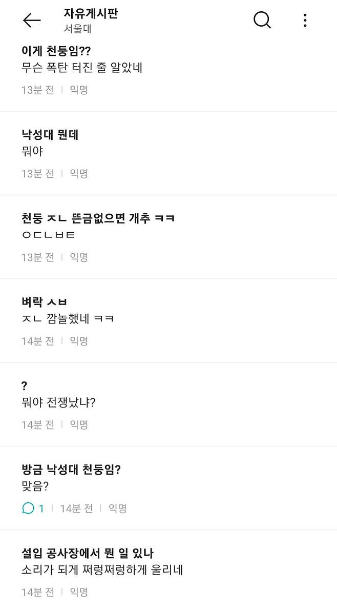 방금 관악산 근처 떨어진 낙뢰에 놀란 관악구 지역 주민들