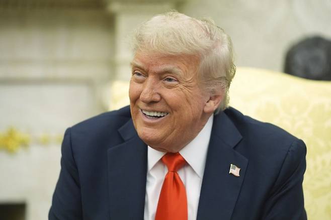 도널드 트럼프 미국 대통령이 지난달 5일(현지 시간) 백악관 집무실에서 프리드리히 메르츠 독일 총리와 회담에 앞서 취재진 질문에 답변하며 미소를 보이고 있다. 2025.07.08. /사진=뉴시스