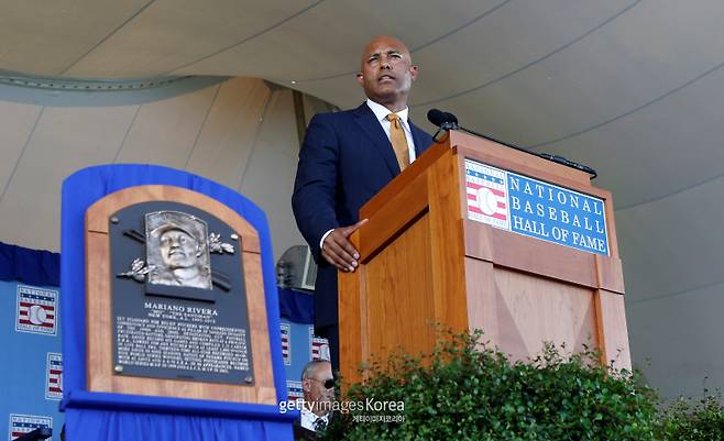 COOPERSTOWN, NEW YORK - JULY 21: Mariano Rivera gives his speech during the Baseball Hall of Fame induction ceremony at Clark Sports Center on July 21, 2019 in Cooperstown, New York. (Photo by Jim McIsaac/Getty Images)