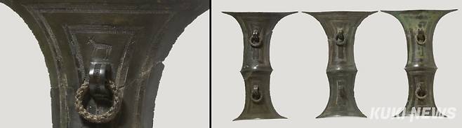 아산 남성리 유적에서 발견된 검파형 청동기 3점(오른쪽)과 그 중 한 점에 새겨진 사슴 문양(왼쪽). 국립중앙박물관