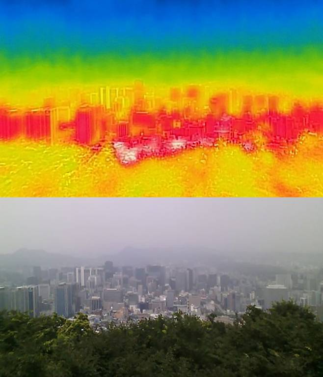 서울 전역에 올 여름 첫 폭염경보가 발령된 7일 서울 남산에서 열화상 카메라로 바라본(위 사진) 서울 도심이 높은 온도로 빨갛게 보이고 있다.폭염경보는 일 최고 체감온도가 35도 이상인 상태가 이틀 이상 이어질 것으로 예상되거나 인명 피해가 우려되는 경우 내려진다. 이번 폭염경보는 지난해보다 18일 빠르게 발효됐다. [사진 = 뉴스1]