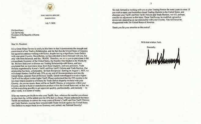 도널드 트럼프 대통령이 7일  트루스소셜에 공개한 한국에 대한 상호관세 부과를 알리는 서한 [트루스소셜]