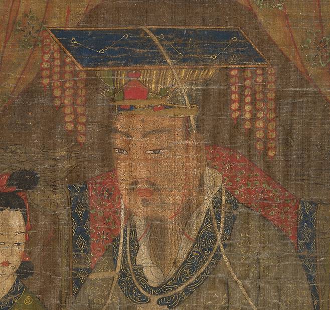 제5염라왕도가 그려진 시왕도 이미지 확대. 염라왕이 착용한 면류관에 북두칠성이 그려져 있다. [국가유산청·국외소재문화유산재단]