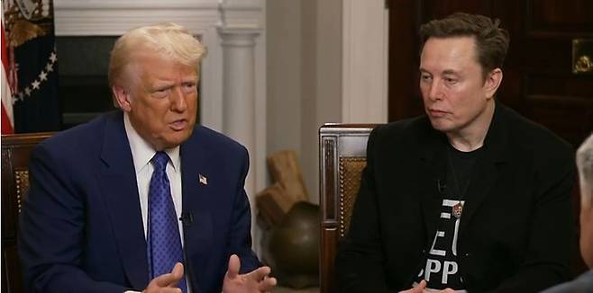 [뉴시스] 7일(현지 시간) CNN, 워싱턴포스트 등 외신에 따르면 테슬라 주가는 장 시작 전 거래에서 한때 7.6%까지 떨어졌다가 일부 낙폭을 만회했지만, 이날 6.79% 하락으로 장을 마감했다. 사진은 폭스뉴스와 인터뷰하는 도널드 트럼프 미국 대통령(왼쪽)과 일론 머스크 테슬라 CEO(오른쪽)의 모습. 2025.07.08. *재판매 및 DB 금지