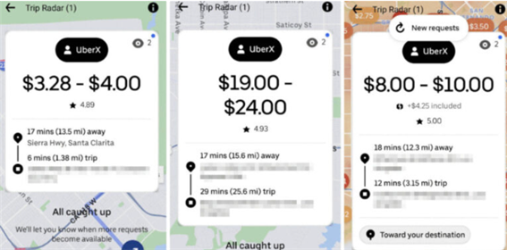 ▲Rideshare Guy라는 유튜브 채널 운영자이자 미국의 승차공유 앱 기사인 세르지오 아베디안 씨가 자신의 휴대전화에서 트립 레이더가 작동하는 장면을 스크린샷으로 찍어 공개한 내용. ⓒ유튜브 채널 Rideshare Guy