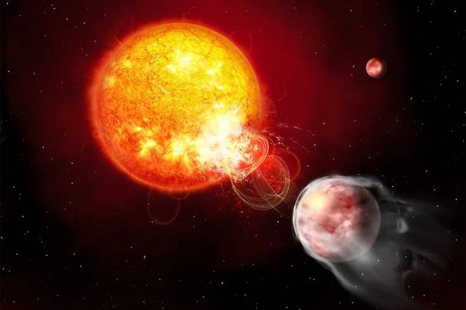 항성 HIP 67522와 궤도를 도는 행성 HIP 67522 b의 그래픽 이미지.  Janine Fohlmeister (Leibniz Institute for Astrophysics Potsdam)