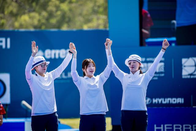 2025 현대 양궁 월드컵 3차 대회 리커브 여자 단체전에 나선 안산(왼쪽부터), 강채영, 임시현. 사진 제공=대한양궁협회