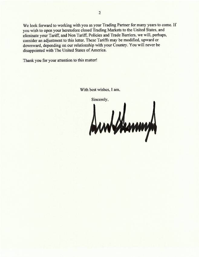 트럼프 대통령이 한국에 보낸 무역 서한 [트루스소셜 캡처]