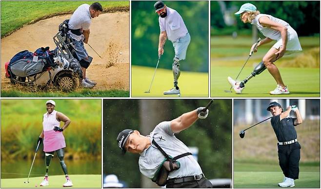 미국 ‘내셔널 타이틀’이 걸린 장애인 골프 대회 US 어댑티브 오픈이 7일 개막했다. 왼쪽 위부터 시계 방향으로 하반신 마비 장애의 지미 모세리가 전동 카트에 몸을 묶은 채 벙커샷을 하고 있다. 군 복무 중 폭발 사고로 두 다리와 왼팔을 잃은 닉 키멜이 퍼팅 후 굴러가는 공을 바라보고 있다. 오토바이 사고로 오른 다리를 절단한 데버라 스미스가 신중히 퍼팅 라인을 살피고 있다. 단신 부문 앨버트 보커가 힘차게 드라이브 샷을 날리고 있다. 16세로 최연소 출전자인 라이더 바는 바이러스성 질환으로 한 팔이 마비돼 왼팔로만 스윙을 한다. 아이티 대지진 때 건물 잔해에 깔려 두 다리를 절단한 로즈 벨드먼이 그린에서 환하게 웃고 있다./USGA