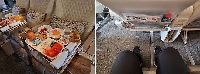 에미레이트항공 '프리미엄 이코노미' 클래스의 지역 특색을 살린 제출 메뉴의 기내식(왼쪽)과, 성인 남성이 앉아도 주먹 4개가 들어가는 넉넉한 공간의 좌석. 사진=김동호 기자