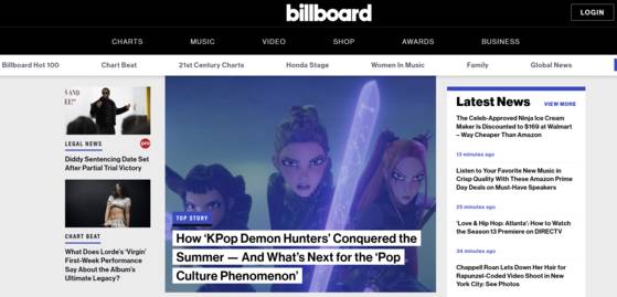 '케이팝 데몬 헌터스' 관련 기사가 빌보드 메인 페이지를 장식했다. 사진 빌보드 홈페이지