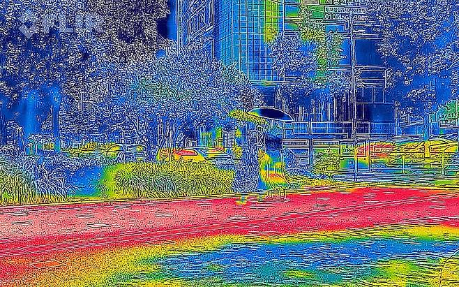 지난 2일 대구 수성구 범어네거리에서 한 시민이 양산으로 햇빛을 가린 채 길을 걷고 있다. 열화상카메라 화상은 온도가 높을수록 붉은색으로 나타나며 상대적으로 온도가 낮은 곳은 푸른색으로 나타난다. 뉴시스