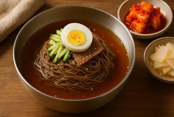 냉면은 여름 별미를 묻는 설문조사에서 빠지지 않고 1~2위를 다투는 우리나라 전통음식이다. 냉면은 북한 지역에서 시작됐으며 한국전쟁 당시 남한으로 내려온 실향민을 중심으로 널리 퍼졌다고 한다. 챗GPT 생성 이미지