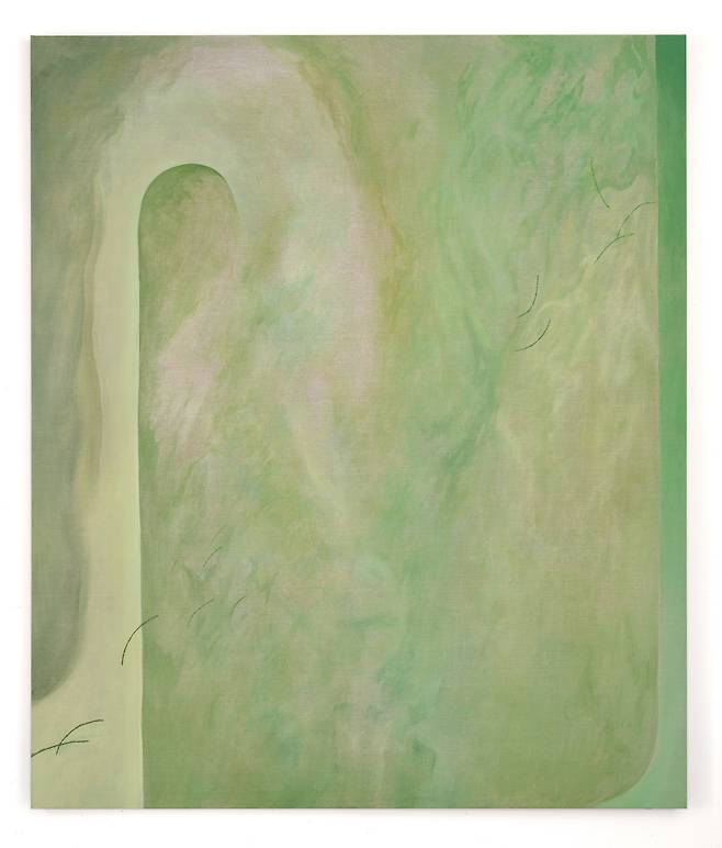 [김경연, Grass Pillow (2024) 린넨 위 유화, 168×142cm]