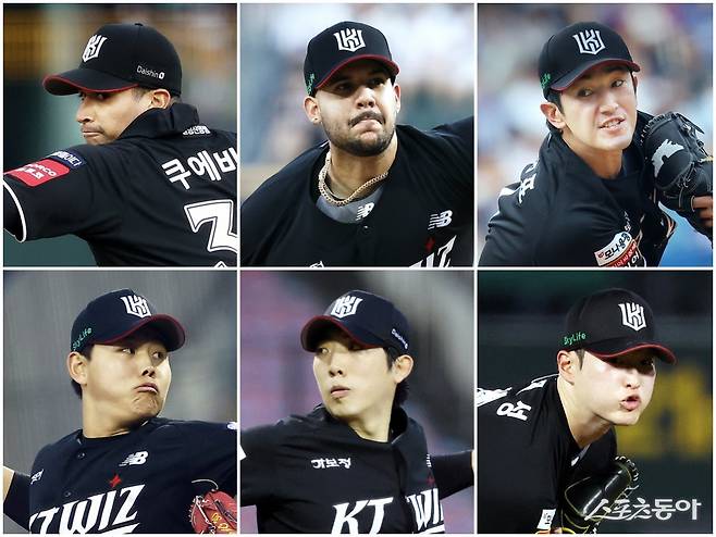 KT 윌리엄 쿠에바스, 엔마누엘 데 헤이수스, 고영표, 소형준, 오원석, 배제성(왼쪽 위부터 시계 방향). 사진제공｜KT 위즈