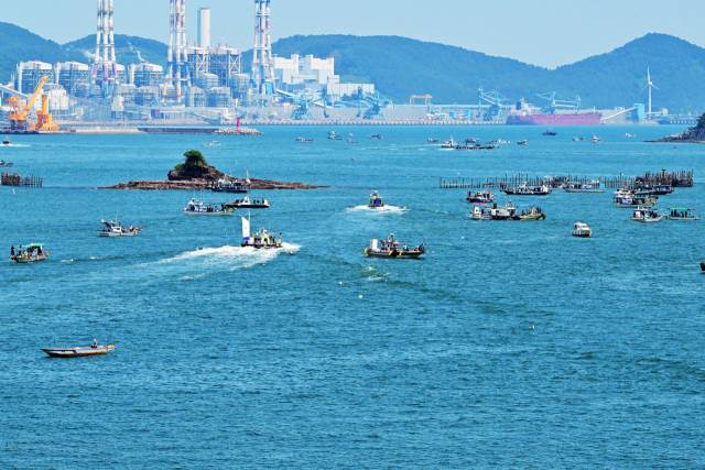9일 경남 사천시 삼천포대교 인근 바다. 문어낚시를 하는 배들로 가득 찼다. 김현우 기자