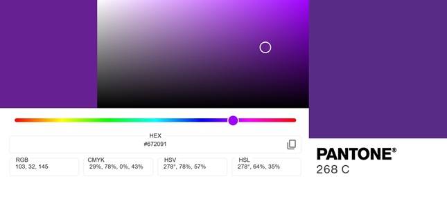 '컬리 퍼플' 컬러인 팬톤 컬러 268C(오른쪽), 헥스 색상 코드 #672091(왼쪽)/사진=구글, 팬톤 홈페이지