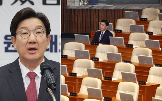 권성동 국민의힘 의원(왼쪽)과 안철수 의원. 오른쪽은 지난해 12월 7일 윤석열 전 대통령 탄핵소추안 표결을 앞두고 텅 빈 국회 본회의장 국민의힘 의원석에 안 의원만이 자리를 지키고 있는 모습. 〈사진=연합뉴스, 안철수 국민의힘 의원 페이스북 캡처〉