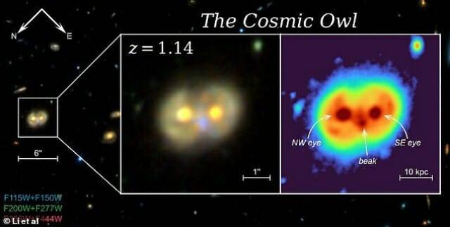 주황색으로 빛나고 있는 올빼미의 눈은 활동성 은하핵이고 부리처럼 보이는 곳은 별들이 생성되고 있는 곳이다. (사진=Li et al. )