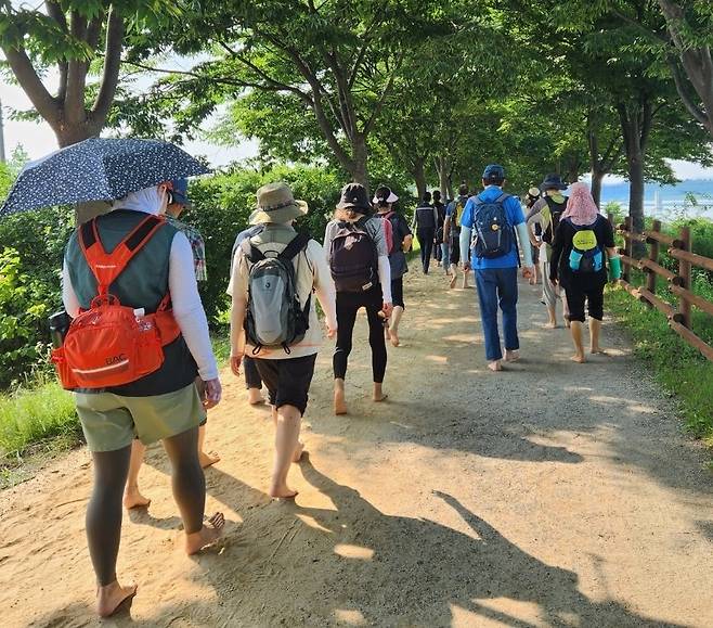 사람들이 맨발걷기를 하는 모습. 맨발걷기국민운동본부 제공.