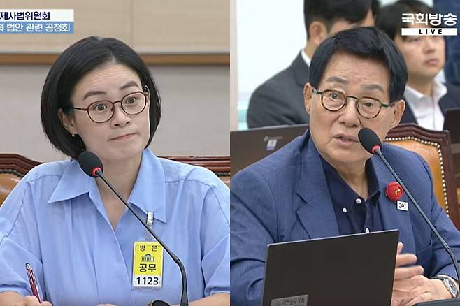 김예원 변호사(왼쪽), 더불어민주당 박지원 의원. 국회방송 유튜브 갈무리