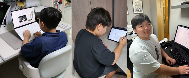 탐구활동 AI 솔루션 '과학동아AiR'를 활용해 각각 탐구, 발명, 소논문 작성으로 과학 탐구 역량을 키워 나가고 있는 구민준(정덕초 4학년), 최우진(시흥은행중 1학년), 이주안(덜위치칼리지서울영국학교 12학년) 학생들. 동아사이언스 제공