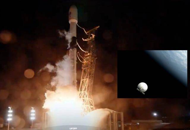 한국천문연구원과 미국 항공우주국(NASA·나사)이 공동 개발한 차세대 우주망원경 '스피어엑스'를 실은 미 우주기업 스페이스X의 ‘팰컨9’ 로켓이 3월 11일 미국 캘리포니아주 밴덴버그 우주군 기지에서 발사되고 있다. 작은 사진은 스피어엑스가 팰컨9 로켓에서 분리된 후 우주로 날아가는 모습. 스페이스X·나사 제공. 밴덴버그=AP 연합뉴스