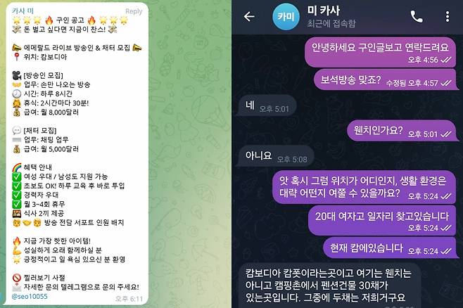 텔레그램의 한 불법 구인구직방에 올라온 '보석 채굴 사기' 관련 채용 공고(좌). 기자가 접촉해 근무 위치에 대해 묻자 캄보디아 캄폿의 한 펜션촌이라는 답이 돌아왔다(우)./사진=김다빈 기자