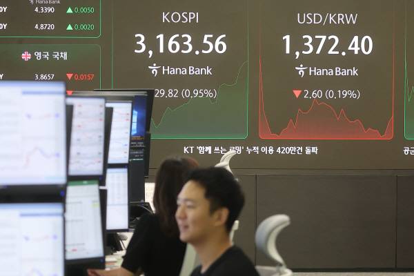 10일 서울 중구 하나은행 딜링룸 전광판에 개장 시황이 나오고 있다. 이날 코스피는 전 거래일 대비 10.40포인트(0.33%) 오른 3144.14로 개장해 연고점을 재차 경신했다. 연합뉴스