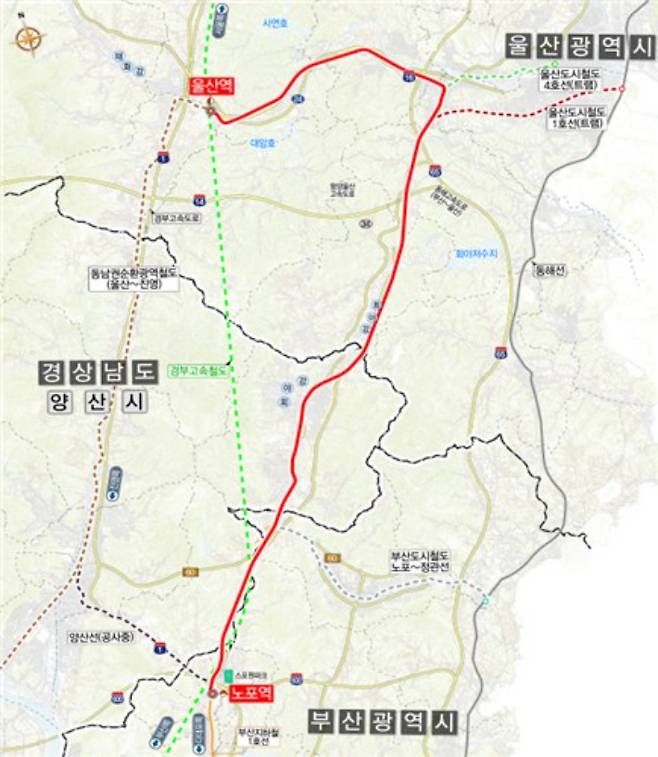 부산~양산~울산 광역철도 노선(예타 검토안). 국토부 제공
