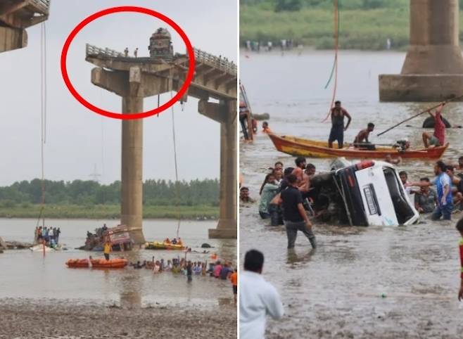 9일(현지시간) 오전 7시 30분쯤 인도 구자라트주 아난드와 바도다라를 연결하는 감비라 다리 중 상판 일부가 붕괴하면서 사상자가 속출했다. AP 연합뉴스