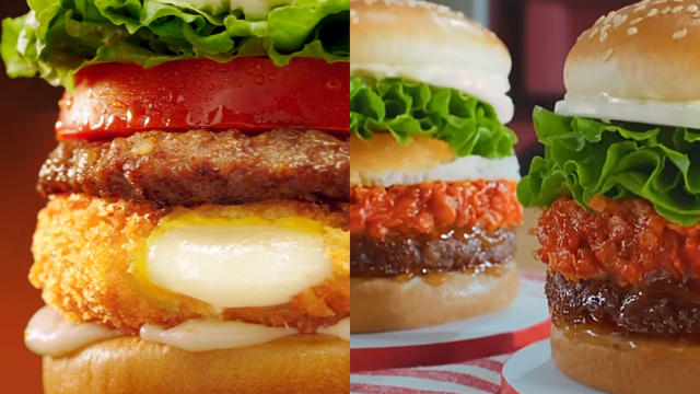 맥도날드의 '익산 고구마 모짜렐라 버거'(왼쪽), 롯데리아의 '김치불고기버거'와 '에그김치불고기버거'. 사진=맥도날드 SNS, 롯데리아 SNS