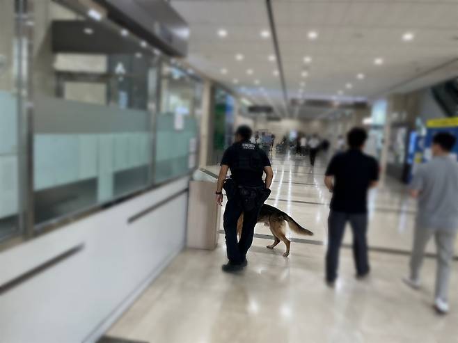 경찰특공대가 탐지견을 동원해 폭발물 수색에 나서고 있다. [부산경찰청 제공. 재판매 및 DB 금지]