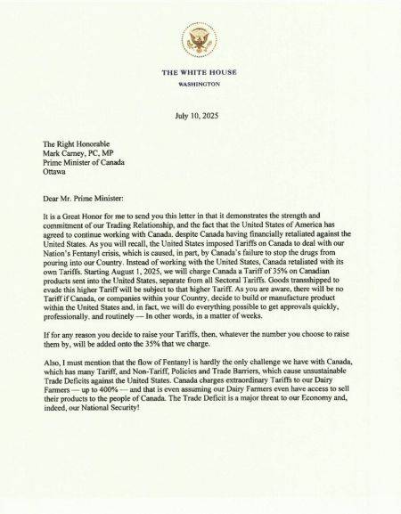 도널드 트럼프 미국 대통령이 10일(현지시간) 트루스소셜에 공개한 마크 카니 캐나다 총리 앞으로 보낸 관세 서한. 서한에는 8월1일부터 35% 상호관세율을 적용한다는 내용이 담겼다. 트럼프 대통령 트루스소셜