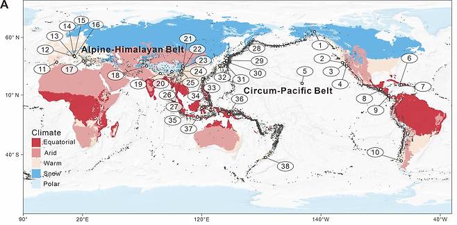 알프스-히말라야 및 환태평양 지진대에서 지진으로 인해 나타난 산사태의 분포도./사이언스 차이나 프레스